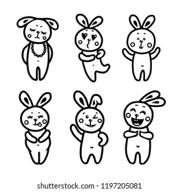 Cute bunnies hand drawn set. Childish funny animals for kids clothes prints posters decoration. Vector illustration.