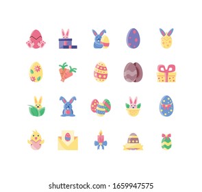 cute bunnies and happy easter concept of icons set over white background, flat style and colorful design, vector illustration