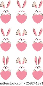 Cute bunnies with hearts. Muzzle, paws, cheeks and ears of beautiful rabbits. Vector illustration for postcards and stickers.