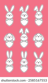 Cute bunnies with hearts sticker set. Faces of bunnies with different emotions.