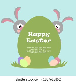 Cute bunnies hiding behind an Easter egg. Easter holiday. Invitation card. Banner.