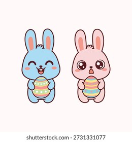 Lindos conejos sosteniendo huevos de Pascua feliz y sorprendido Vector Kawaii