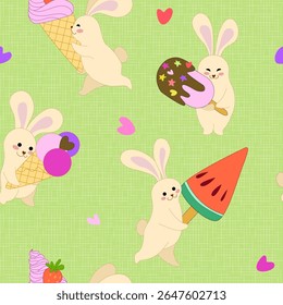 Cute bunnies with ice cream. Fun summer seamless pattern. Vector