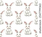 Cute bunnies illustration in soft pastel tones, vector seamless pattern. Perfect for baby products, nursery decor, Easter designs, greeting cards or playful patterns. Cute and charming white rabbits.