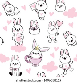 Cute bunnies in kawaii style on a white background seamless pattern