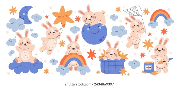 Cute bunnies kids with clouds, rainbows, moon and stars design for baby shower vector illustration. Happy rabbit animal characters dreaming and flying, sitting in basket and playing with net