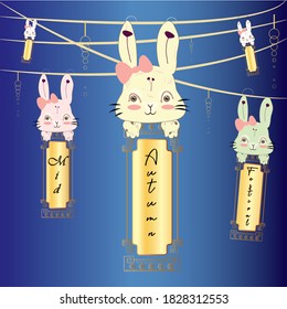 Cute bunnies with labels. Mid autumn festival poster - Vector