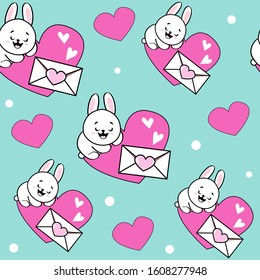 Cute bunnies lies on a pink hearts in kawaii style on a blue background. Valentine's day seamless pattern.