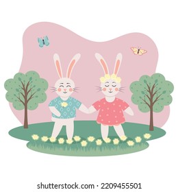 Cute bunnies in love on the meadow with dandelions and butterflies. Spring greeting card. Bunny or hare - childish mascot 2023 symbol year.