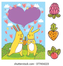 Cute bunnies in love on the summer meadow. Happy Valentine's day postcard. Vector illustration.