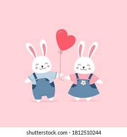 Cute bunnies in love, Valentine's Day gift, declaration of love, heart-shaped balloons. Cute print for kids room decor, t-shirts, postcards. Vector illustration on pink background for children.