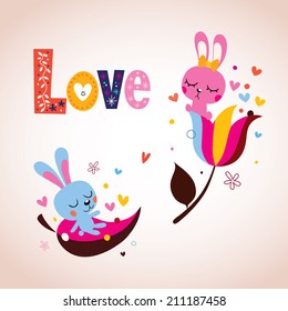 Cute bunnies in love Valentine's day retro card