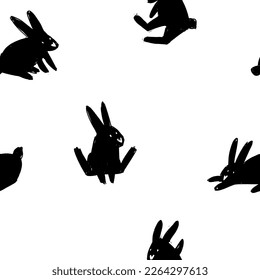 Cute bunnies are lying in a clearing. Decoration for festive wrapping paper or textile. Rabbits on the lawn