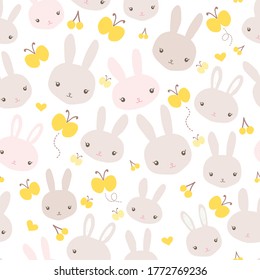 Cute bunnies and many rabbits seamless pattern with yellow butterflies, cherries, and hearts on white background. Perfect for fabric, textile, nursery decoration, baby shower. Surface pattern design.