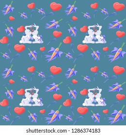 cute bunnies, mutual feelings between cute bunny, couple in love with hares kisses and exchanges gifts for Valentine's Day