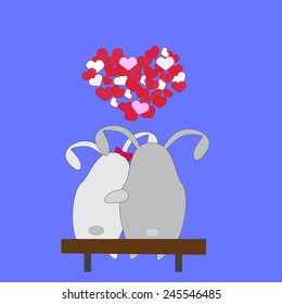 Cute bunnies on the bench - St. Valentine's Day card. Vector illustration.