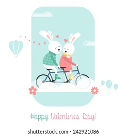 Cute bunnies on bicycle. Greeting card for Valentines Day.