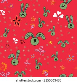 Cute bunnies on a red background among different flowers. Vector seamless pattern.