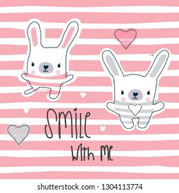 cute bunnies on striped background,  Easter bunnies, T-shirt graphics design for kids