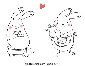 Cute bunnies on a white background. Hand drawn vector. Coloring book.