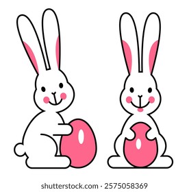 Cute bunnies with painted Easter eggs, small icon in two colors