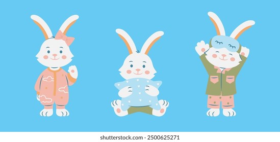 Cute bunnies in pajamas. Cartoon rabbits depicting various bedtime activities like waving, holding a pillow, and wearing a sleep mask. Cartoon animal characters.
