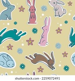 Cute bunnies pattern on a yellow background. Vector graphics