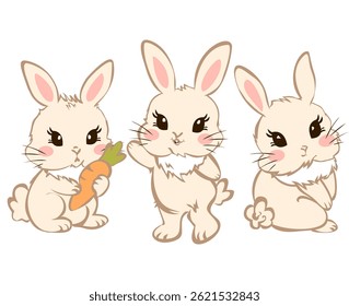Cute bunnies with pink bunny ears and blush, vector set of three cream rabbits in different poses
