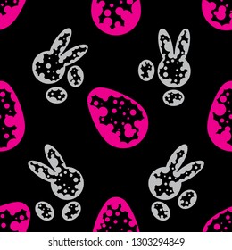 Cute bunnies and pink eggs, a seamless pattern on the dark background. Minimalistic dotted textile design. Vector drawing repeat pattern of easter rabbits and eegs. Endless wallpaper style design.