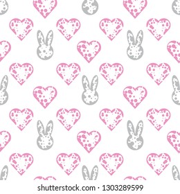 Cute bunnies and pink hearts, a seamless pattern on the white background. Minimalistic dotted textile design. Vector drawing repeat pattern of rabbits and hearts. Endless wallpaper style design.