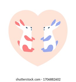 Cute bunnies rabbits greeting card template vector illustration.  