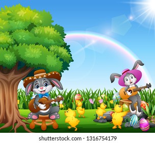 Cute bunnies relax playing guitar and surrounded by chicks