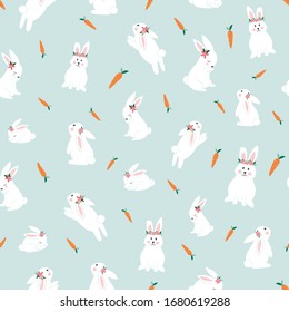 Cute bunnies seamless pattern. Easter bunnies with carrots