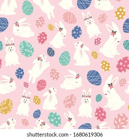 Cute bunnies seamless pattern. Easter bunnies with easter eggs