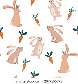 Cute bunnies seamless pattern. Easter bunnies with carrots. Animal character. Perfect for printing baby textiles, clothing Vector cartoon cute characters in  childish hand drawn scandinavian style.