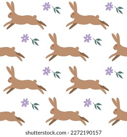 Cute bunnies seamless pattern. Easter bunnies with flowers