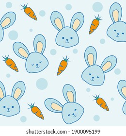 Cute bunnies seamless pattern vector. Rabbits and carrots cartoon style illustration for baby and kids background.
