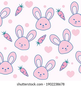 Cute bunnies seamless pattern vector. Rabbits and carrots cartoon style illustration for baby and kids background.