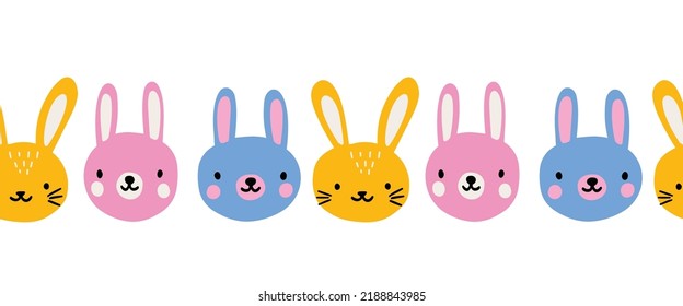 Cute Bunnies Seamless Vector Border. Repeating Pattern Happy Easter Wishes Rabbits. Use For Baby Decor, Holiday Cards, Banners, Ribbons, Fabric Trim, Kids Wear.