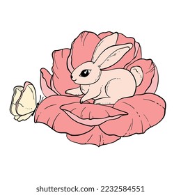 Cute bunnies sitting in a flower, hand-drawn, doodle style. A butterfly is flying around. Vector illustration