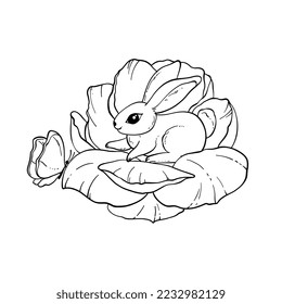Cute bunnies sitting in a flower, hand-drawn, doodle style. A butterfly is flying around. Vector illustration