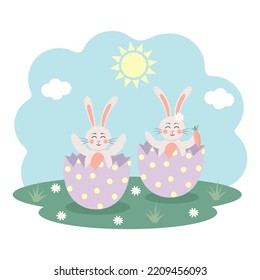 Cute bunnies sitting into eggs on the meadow. Spring greeting card. Easter holiday. Bunny or hare - childish mascot 2023 symbol year.