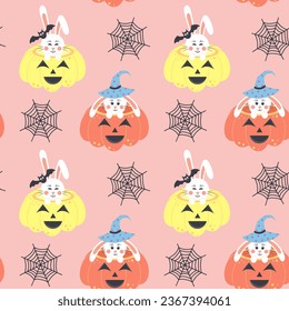 Cute bunnies sitting in pumpkins and web seamless pattern. Pink pastel halloween print for wrapping and textile.