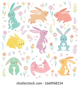 Cute bunnies sleeping, running, sitting. Lovely Easter characters. Vector illustration.