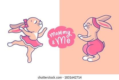 Cute bunnies in sport style. Cartoonish girl rabbits are do exercising and dancing. Good for family look designs, t-shirts, stickers, etc. Animals with a lettering phrase. Vector illustration