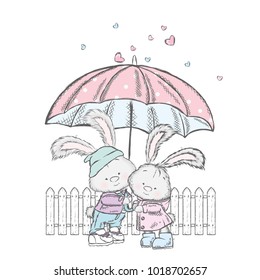 Cute bunnies are standing under an umbrella and hearts are pouring down on them. Vector illustration for a postcard or a poster. Clothes and accessories. Valentine's day, love.