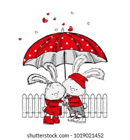 Cute bunnies are standing under an umbrella and hearts are pouring down on them. Vector illustration for a postcard or a poster. Clothes and accessories. Valentine's day, love.