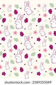 Cute bunnies surrounded by spring flowers. seamless pattern decor with flowers, hearts, leaves and easter eggs. Perfect for Easter decor, backgrounds, seasonal designs