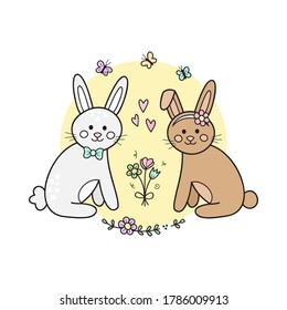 Cute bunnies vector illustration graphic. Hand drawn outlined spring, easter rabbits in love, sitting next to each other with flowers and butterflies in circle around them. Isolated.