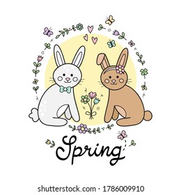 Cute bunnies vector illustration. Hand drawn outlined rabbits in love, sitting next to each other with flowers and butterflies in circle around them. Spring greeting card with handwriting.